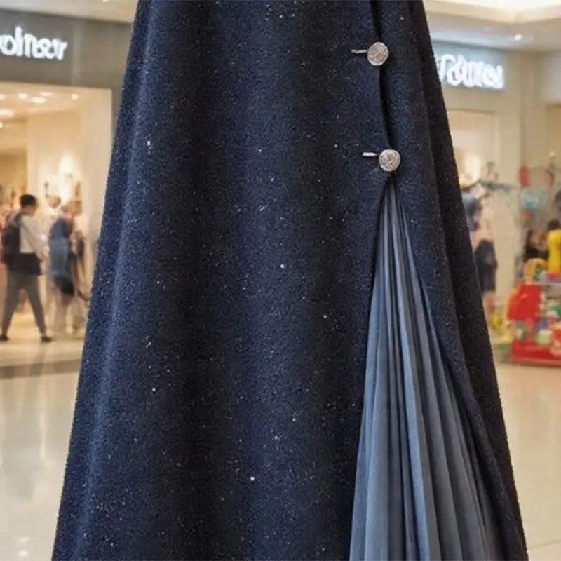 New Korean Fashion Sequin Patchwork Skirt Women Retro High End Elegant Slim High Waist Buttons A-line Skirts Office Lady Jupe