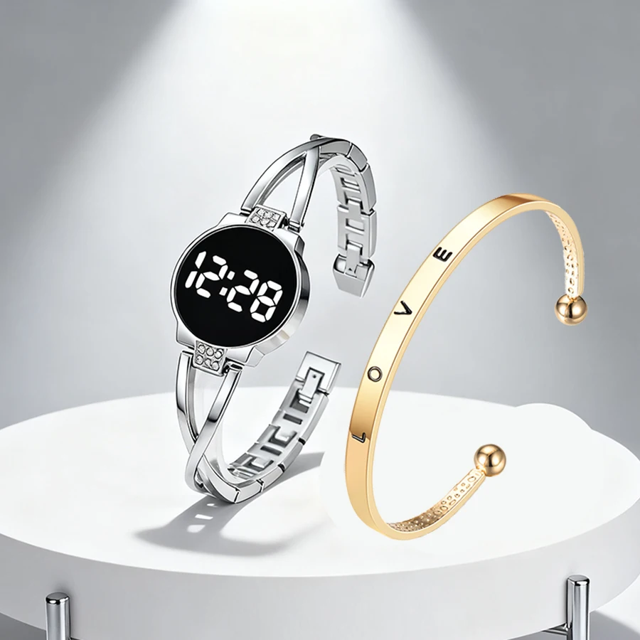 

Светодиодные электронные часы с браслетом для женщин и девочек, сенсорный экран управления, цифровые женские наручные часы со стальным ремешком, роскошные часы
