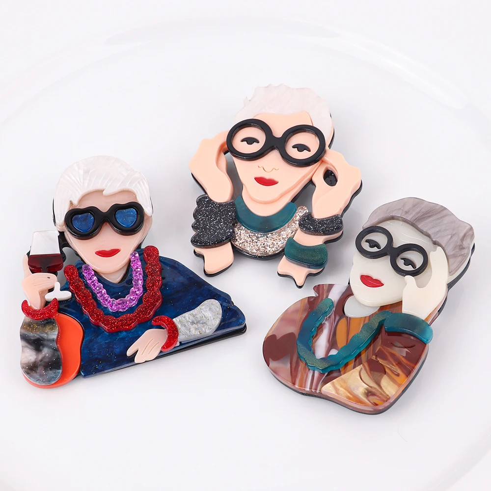 Nouvelles lunettes de dessin animé dame tasse à vin broches en acrylique pour vêtements pour femmes Vintage grand Badge en résine broches de revers