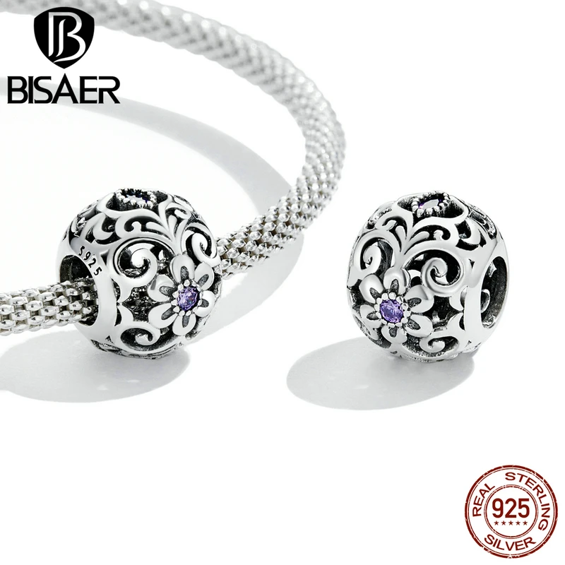 BISAER Flower Charm 925 Sterling Silver Daisy Butterfly Tree Round Zircon Charms for Original  Women DIY Bracelets Fine Jewelry