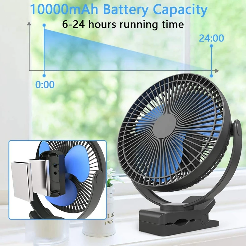 

10000mAh 8-Inch Rechargeable USB Desktop Fan Portable Clip on Fan 4 Speeds Low Noise Air Circulating USB Fan For Home Office