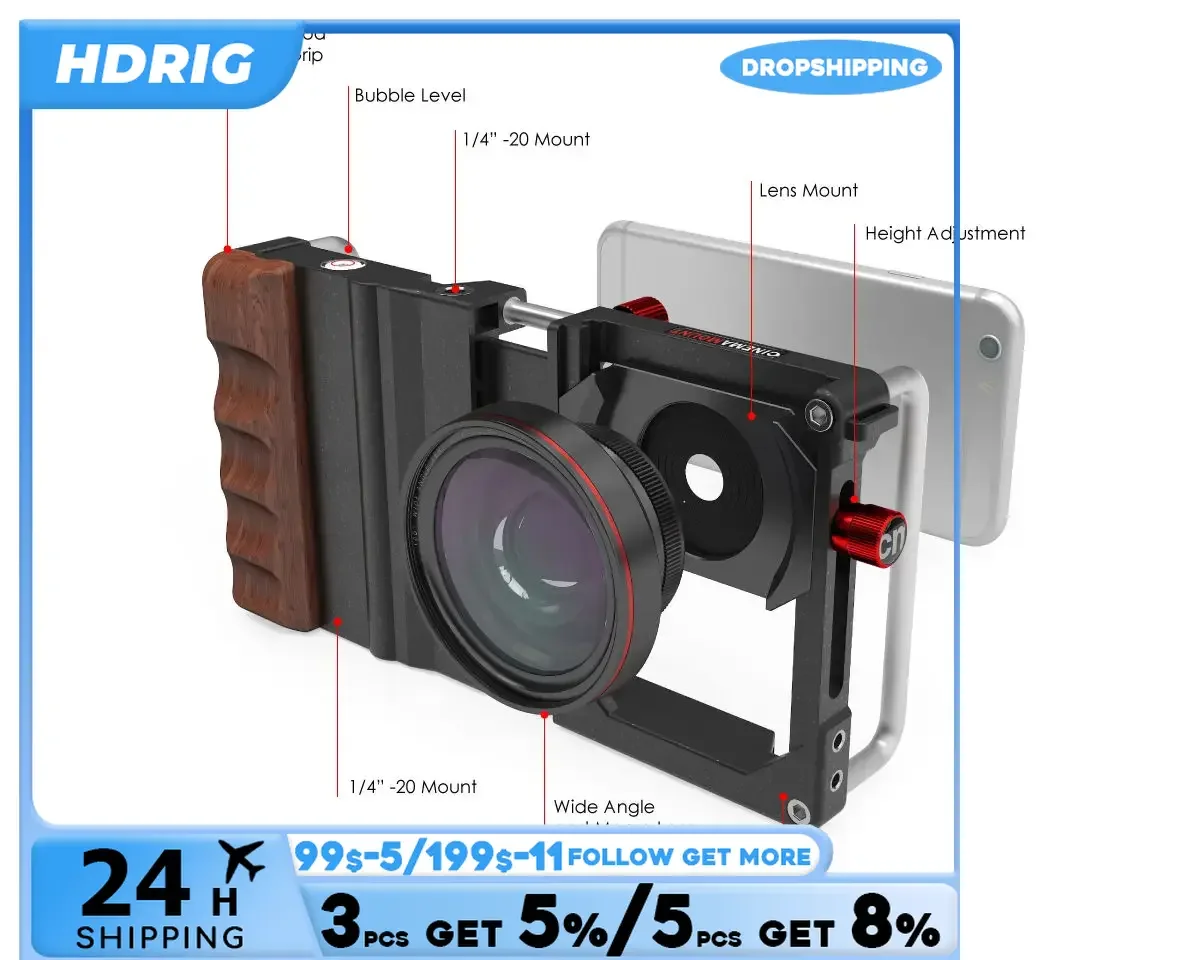 HDRIG Mobile Phone Video Cage Rosewood Handle Ergonomic Grip With Mount Rig CM-1 Black For iPhone For Samsung Nexus smartphone