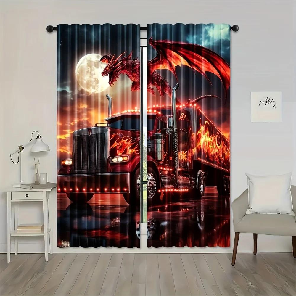 Red Dragon Truck Curtain, Fantasy Semi Lorry Window Drape, Moon Art Print, Cool Man Cave Garage Decor, 3D Blackout Home Textile