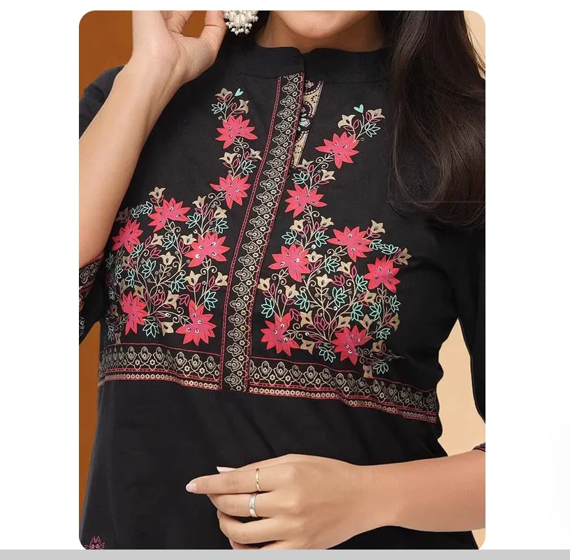 Indian traditional clothing printed pure cotton thin standing collar seven quarter sleeve top - view 4