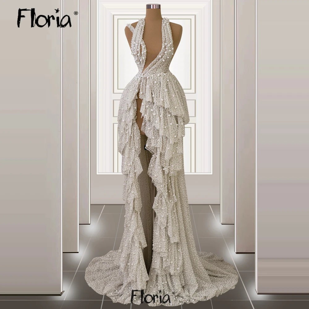 

Luxurious Ivory Pearls Ruffles Wedding Party Dress Dubai 2024 Prom Dresses Backless High Split Formal Gown Vestidos De Noche