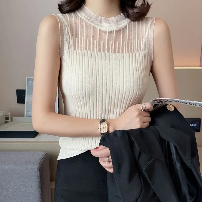 2024 Summer New Lace Temperament Sleeveless Knitted Suspender Sexy Solid Color Simple Niche Sweet Outfit Slim Fit Tank Top