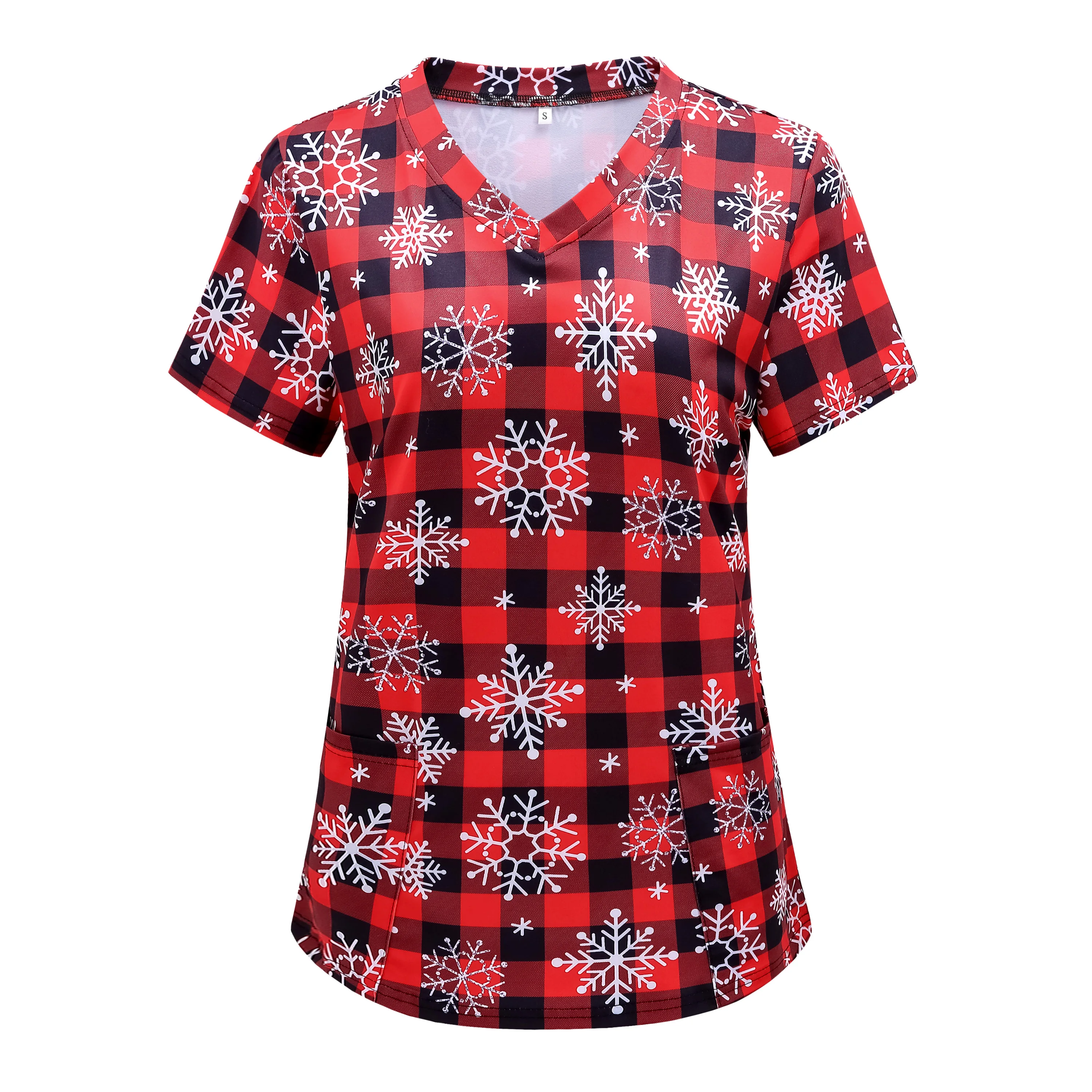 Christmas Working wear Women Nurse Style T-shirts Pocket Front Tops Casual Short Sleeve V Neck  Women's Clothing