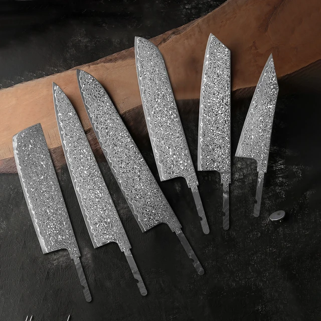 TURWHO 1-6 SZT. Zestaw noży kuchennych DIY: Kiritsuke, Nakiri, uniwersalny nóż kuchenny, kuty stal damasceńska VG10, ostrze full tang, surowy nóż do samodzielnego wykonania.