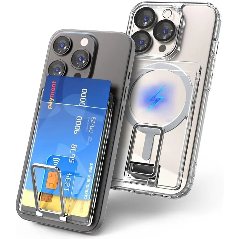 Transparent Magnetic Phone Card Holder ID Credit Card Slot Wallet Kickstand Fashion Phone Grip for Magsafe IPhone 15 14 13 12