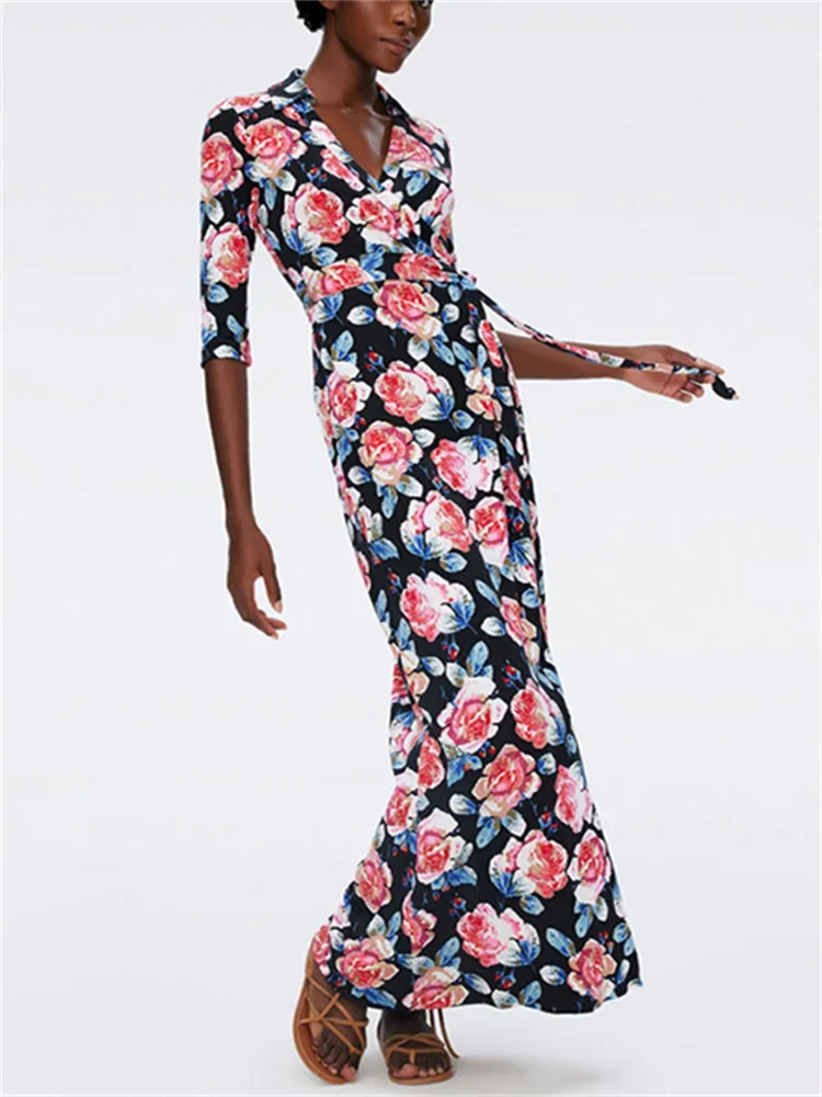 

Rose Print Women's Wrap Midi Dress Lace-Up Waist Slit Half Sleeve Long Dress for Spring Summer Holiday