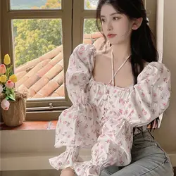 여성용 꽃무늬 짧은 상의, 스위트 탑 셔츠
