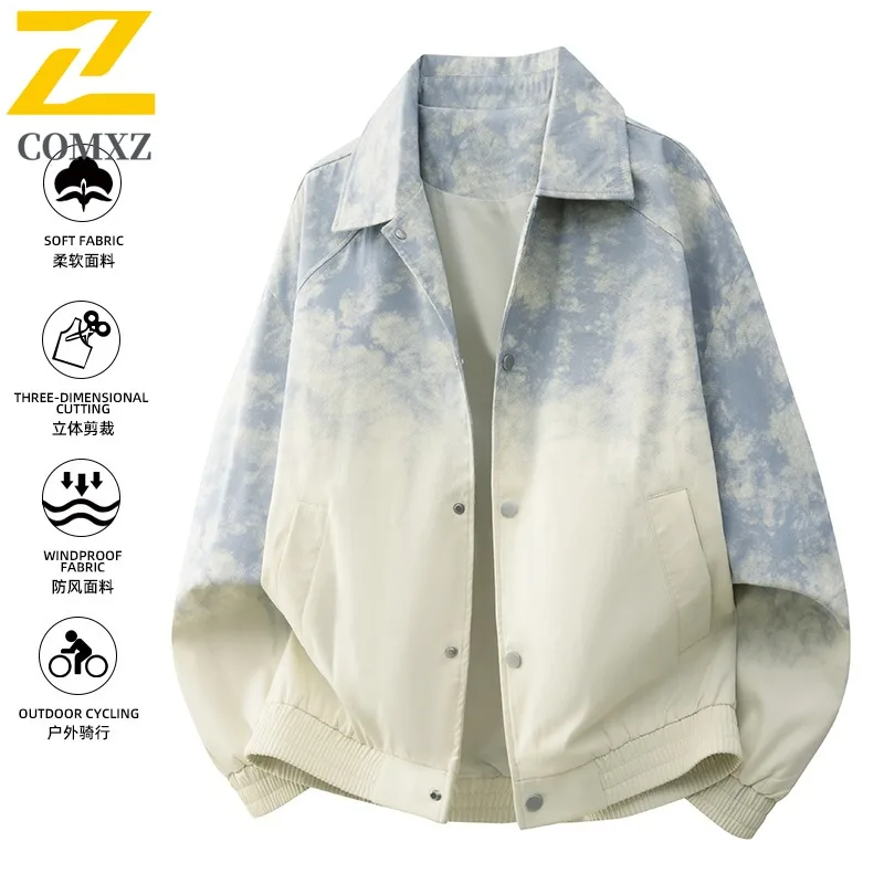 

COMXZ Men Jacket 2025 Gradient Trendy Oversize Turndown Collar Adventure Travel Camping Outerwear Streetwear Lightweight Coat