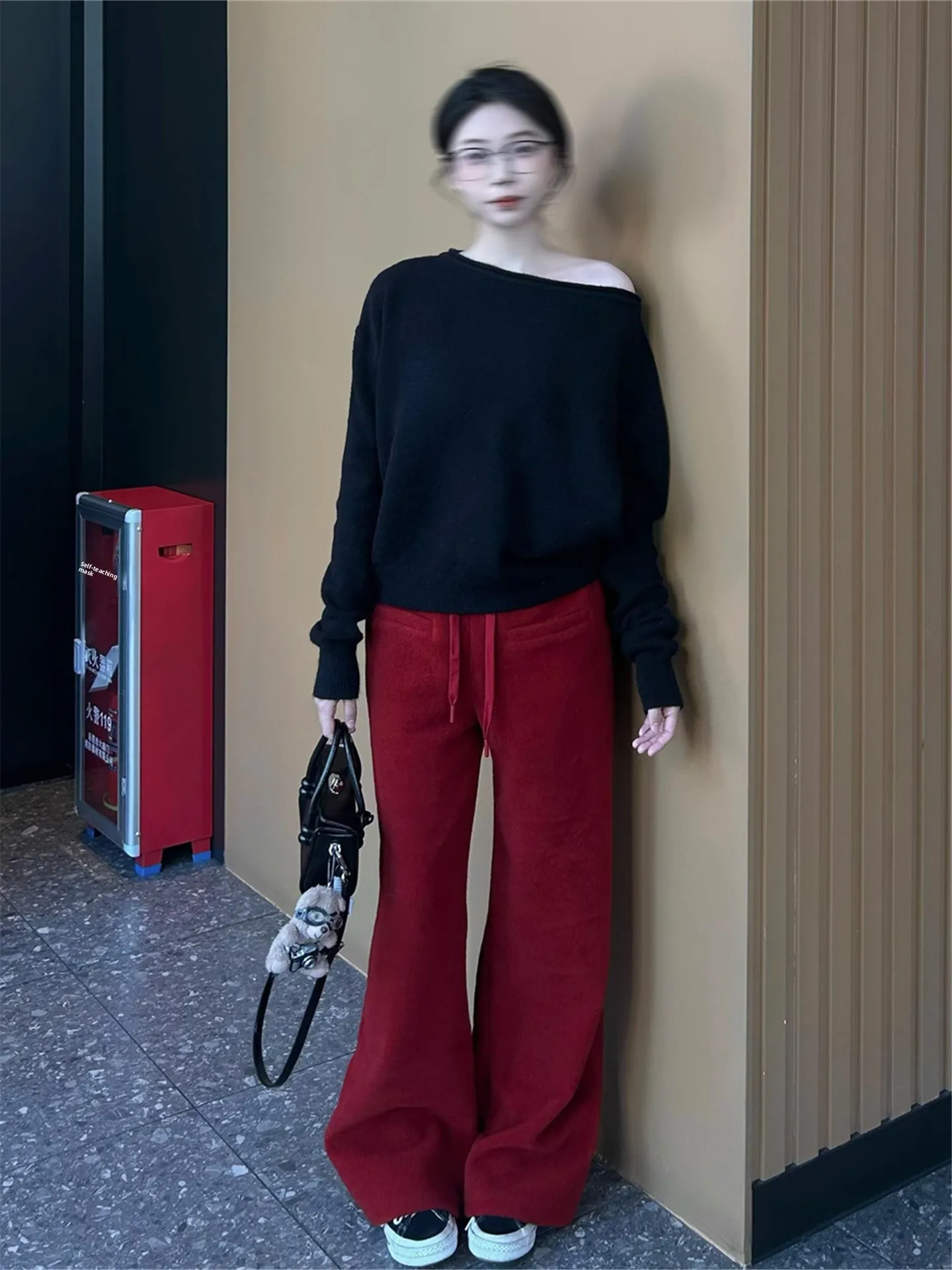

American Retro Red Wide Leg Casual Pants Women's High Waist Slimming Design Loose Drapey Drawstring Straight Leg Pants