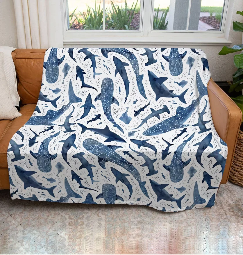 Blanket Romantic Ocean Style Whale Shark Pattern Throw Blanket Bedding Blankets for Home Office CampingChristmas Gifts