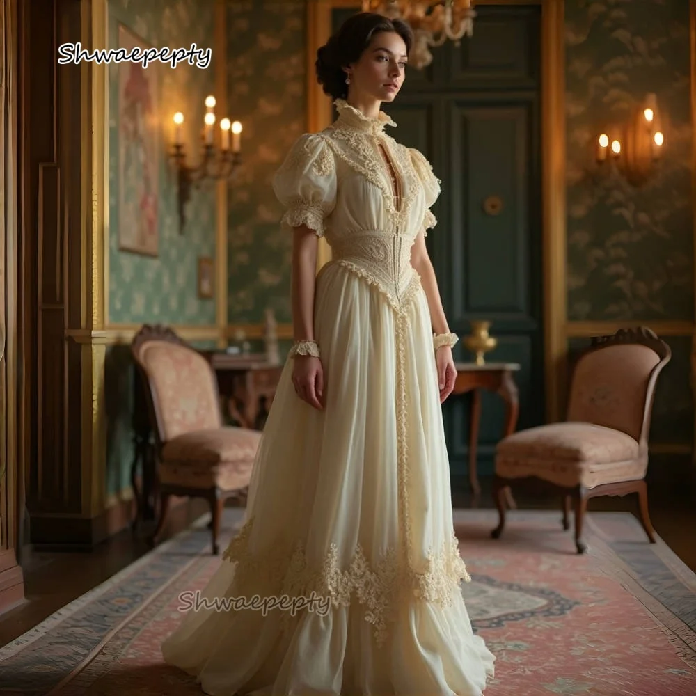 Victorian Medieval Wedding Dress Puff Sleeve High Collar A-Line Floor Length Bridal Gowns Light Champagne Vestidos Customized