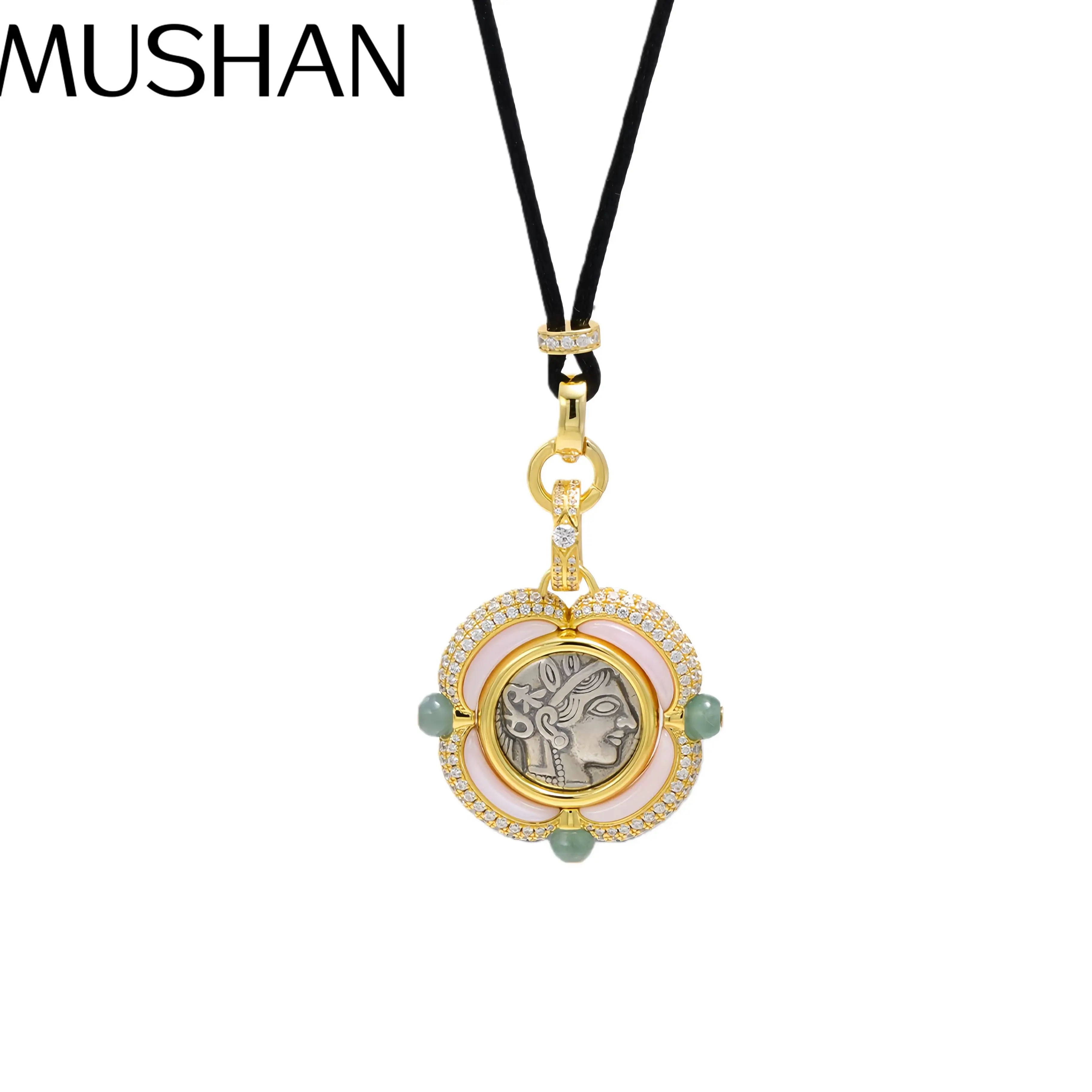 

MuShan Luxury Brand Four Leaf Clover Athena Portrait Coin Pendant Necklace 18k Gold Plated 925 Sterling Silver Necklaces Jewelry