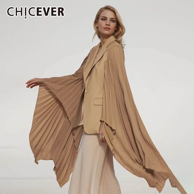 

CHICEVER Streetwear Spliced Fold Jackets For Women Notched Collar Asymmetric Flare Sleeve Tailored Coat Female Clothing Spring