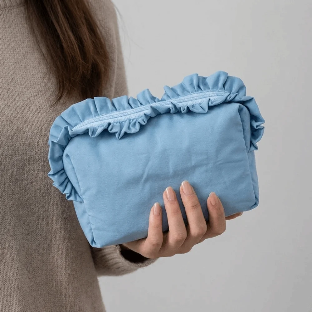 Creative Solid Color Ruffle Makeup Bag Nylon with Zipper Cosmetic Cases Large Capacity Korean Style Toiletry Organizer Skincare