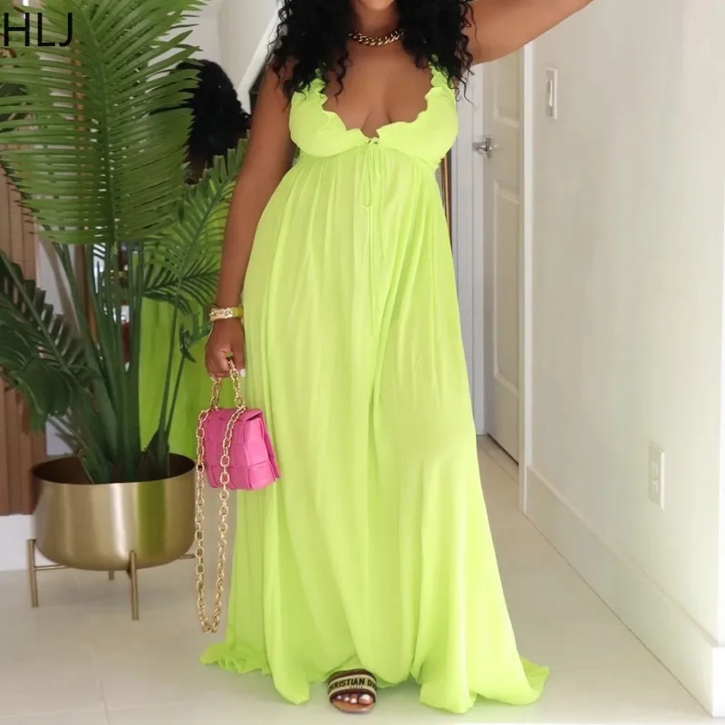 

HLJ Elegant Ruched Patchwork Bodycon Long Dress Woman Spaghetti Strap Deep V-neck Backless Dresses Female Office Vestidos 2025