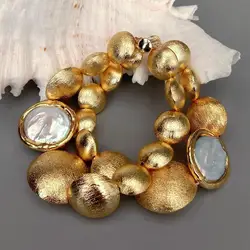 KKGEM 2 Strands 15-20-26mm Gold Plated Brushed Bead  Freshwater Cultured White Coin Pearl Bracelet Women Wedding Jewelry