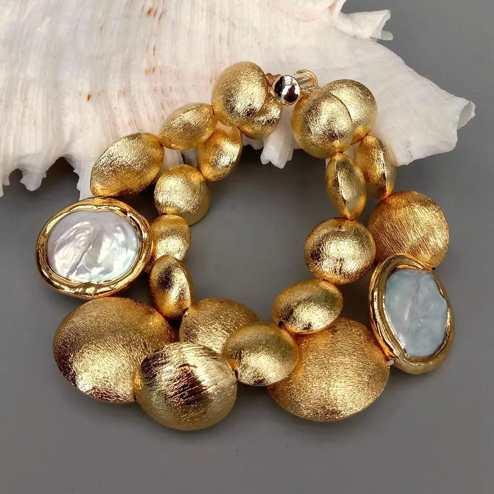 KKGEM 2 Strands 15-20-26mm Gold Plated Brushed Bead  Freshwater Cultured White Coin Pearl Bracelet Women Wedding Jewelry