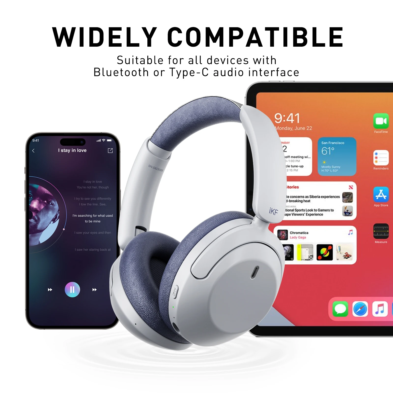 iKF-T3 Wireless Headphones Bluetooth 5.3 Active Noise Cancelling Earphones 125H Playtime Hi-Res App Control 38ms Low Latency
