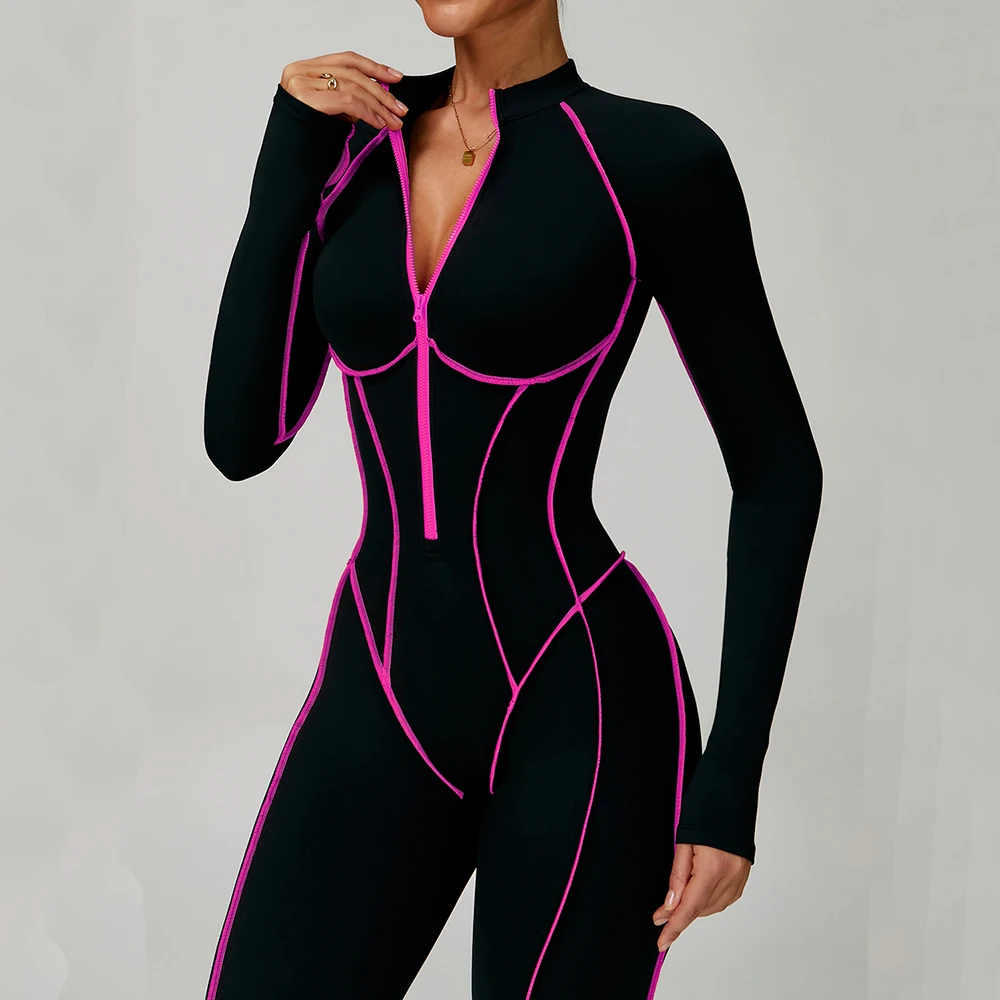 

Zipper Jumpsuits Women Gym Set New Hollow Out Long Sleeve Bodycon Rompers Backless Fashion Color blocking Rompers Athletic Wear