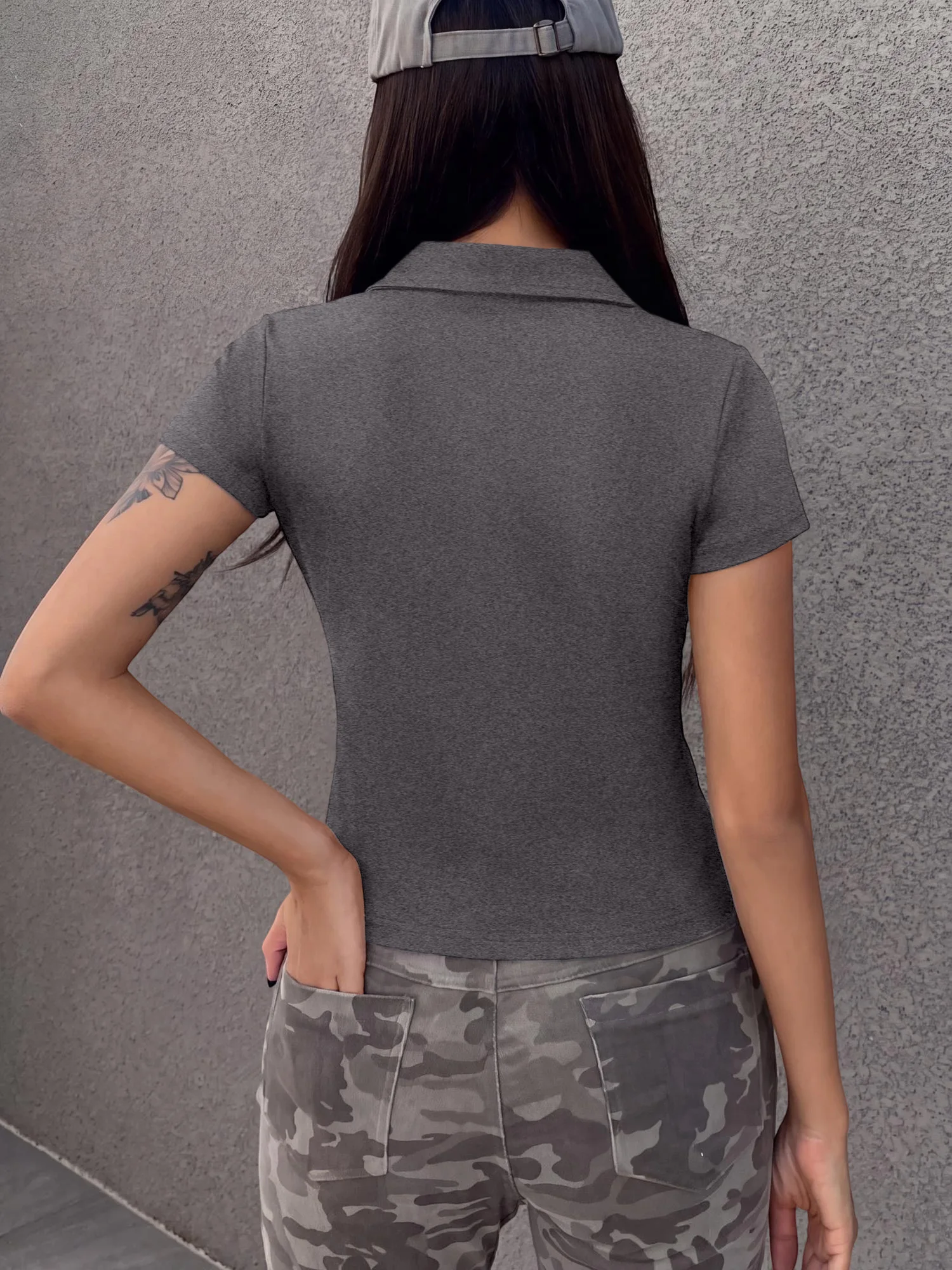 Summer Korean Aesthetic Women Polo Shirt Solid Short Sleeve Half‑Button Slim Fit Tees Elastic Streetwear Female Casual Blouse