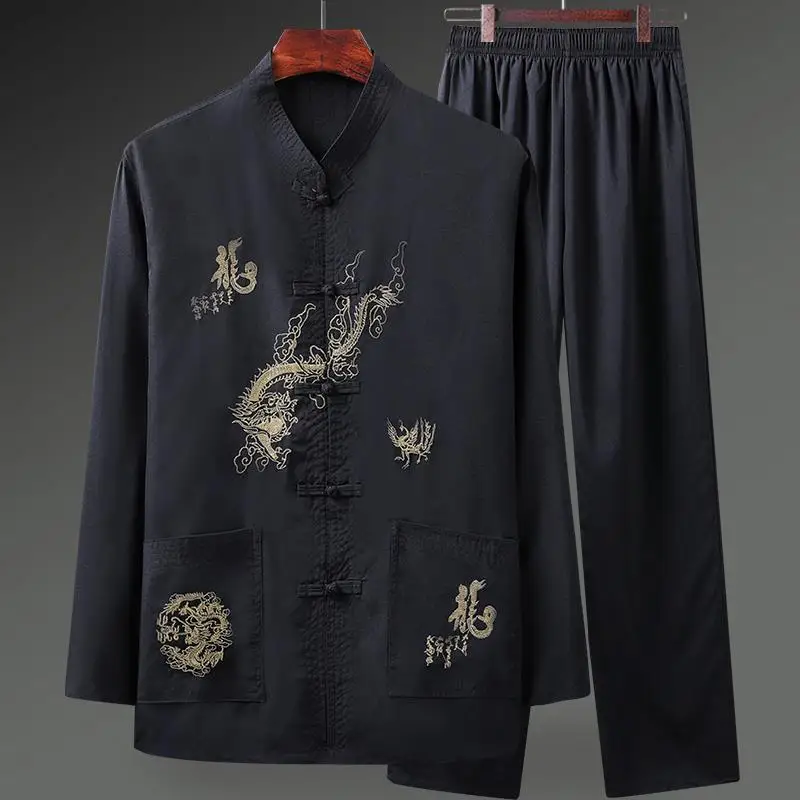 

Black Tang Clothes Male Tradition Embroider Dragon Tang Shirt Thin Ice Silk Tai Chi Costume Autumn Spring New Kung Fu Suit