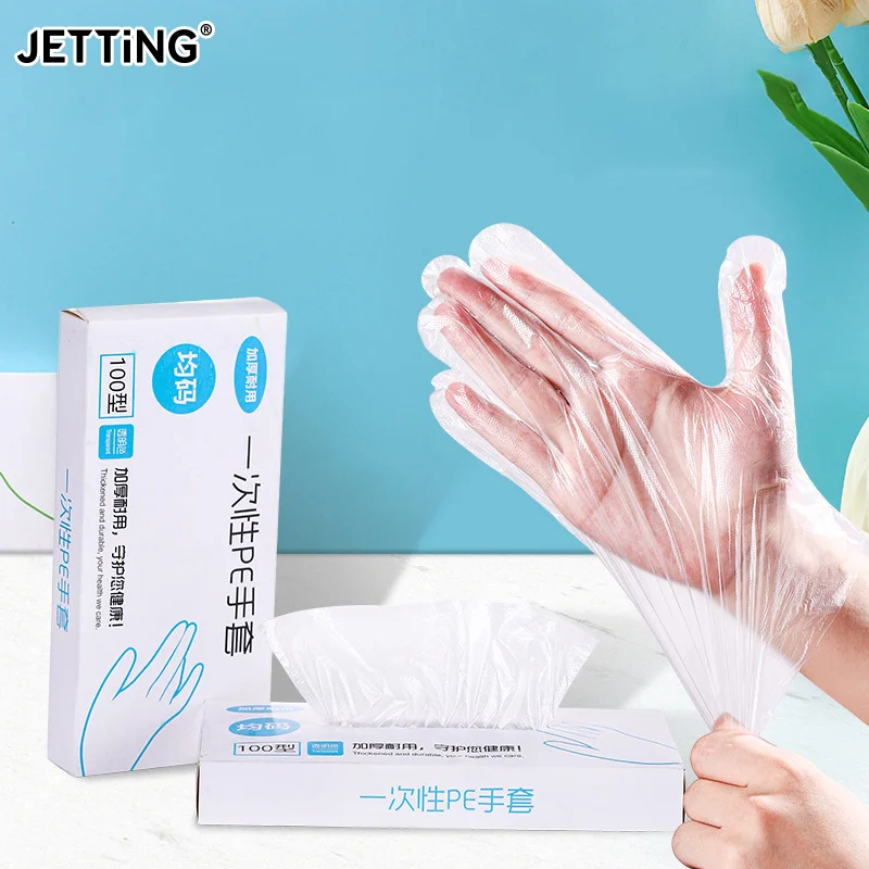 New 100Pcs Latex Free Gloves PE Disposable Gloves Transparent Non-Slip Acid Work Safety Food Grade Household Cleaning Gloves