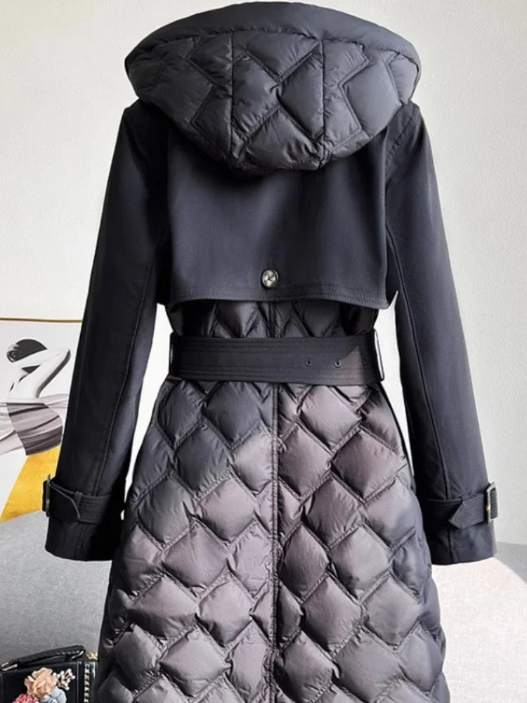 المرأة طويلة شتاء دافئ الطبيعية أوزة ريشة أسفل سترة فاخرة معطف فضفاض مقنعين ملابس خارجية الشارع الشهير موضة جديدة #5