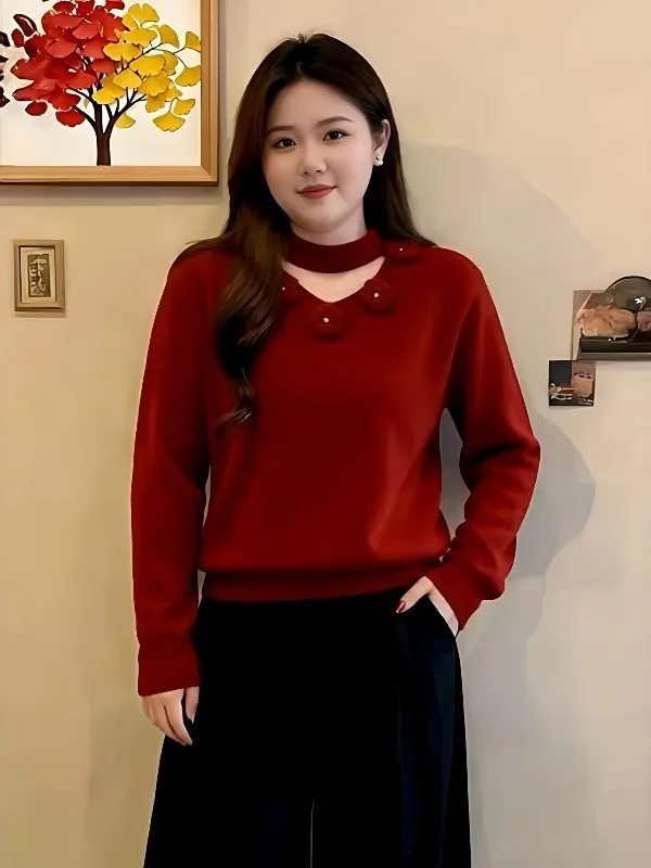 

Loose Fit Floral Knitwear Women's Inner Wear Spring Autumn plus Size Comfortable Breathable High Collar Long Sve Sweater