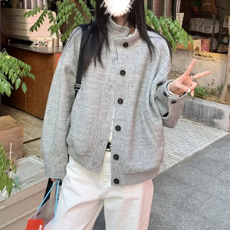 

American Feminine Fashion Stand Collar Baseball Coat Autumn Women Casual Long Sleeves Outwear Ladies Solid Color Cardigan Jacket