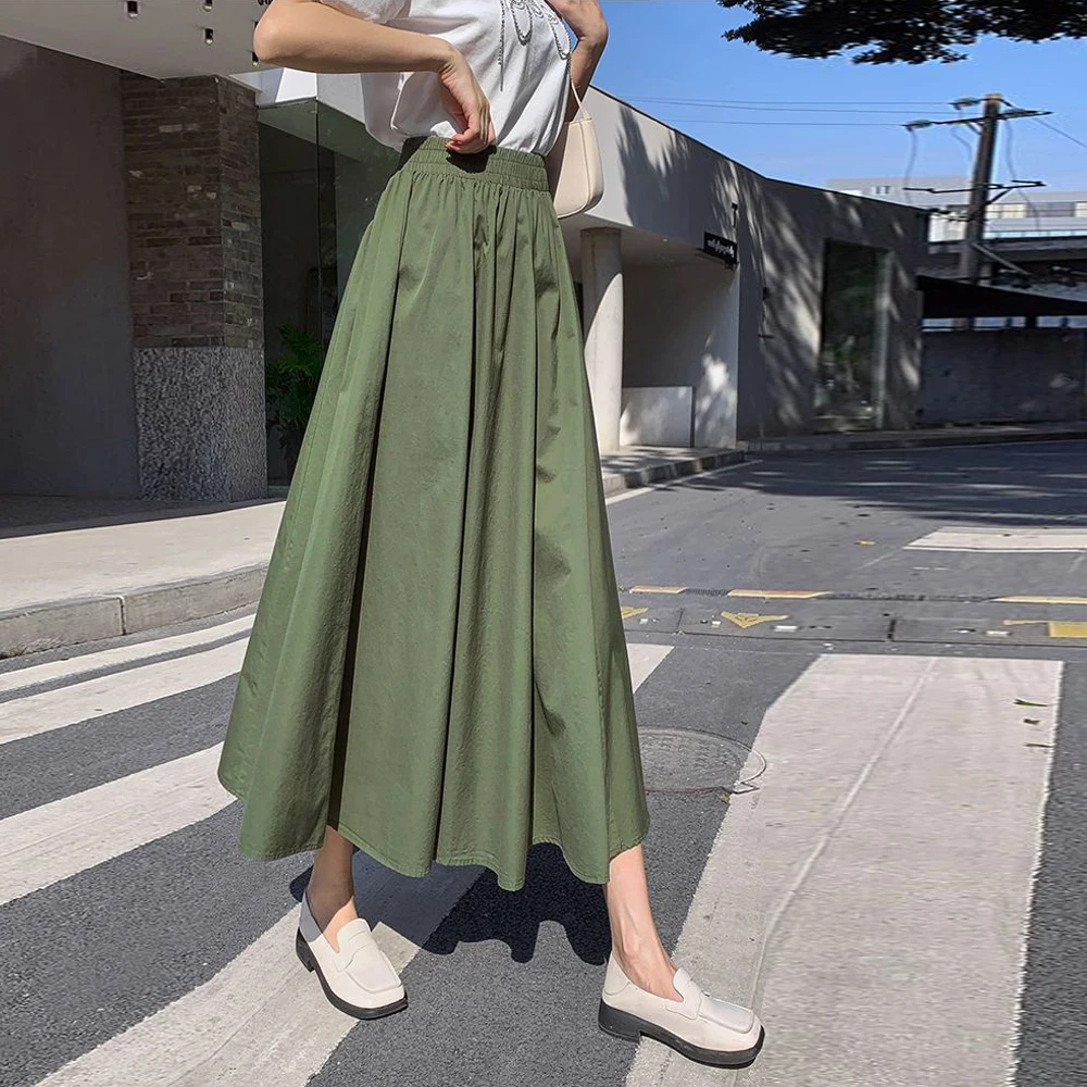 Fashion High Waist Pleated Skirt Women Korean Elegant College Style Midi Skirt Ladies Chic A-line Elastic Mid Waist Sun Skirts