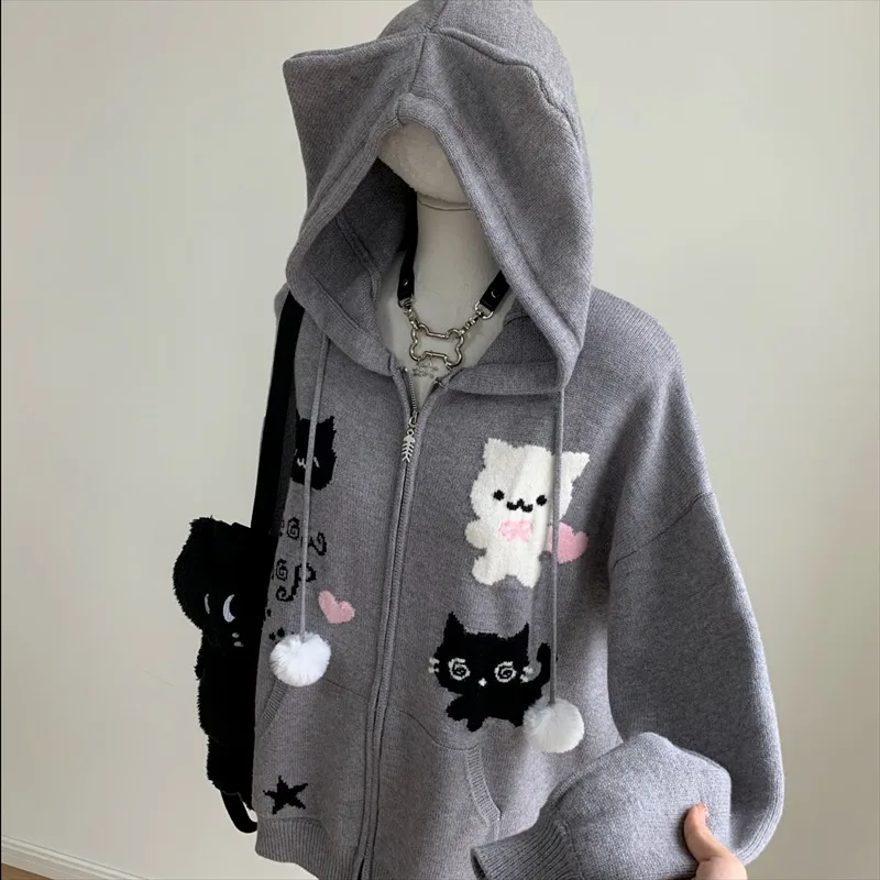 Japanese Kawaii Cat Cartoon Print Knitwear Autumn New Subculture Gray Long-sleeved Hoodie Preppy Style Womens Sweet Cute Outwear