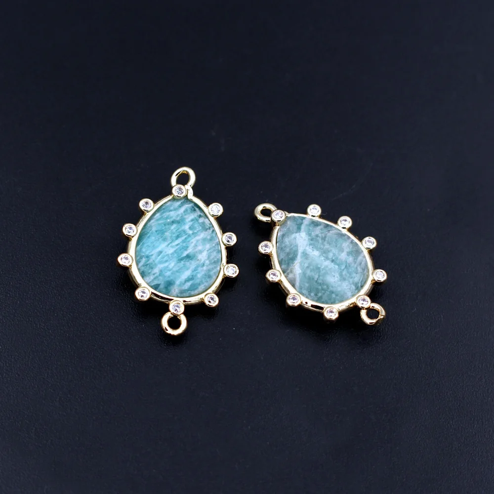 10pcs CZ Paved Blue Amazonite Stone Teardrop Pendant Rose Quartz 2 Loops Connector Charms Jewelry Accessories Findings DIY