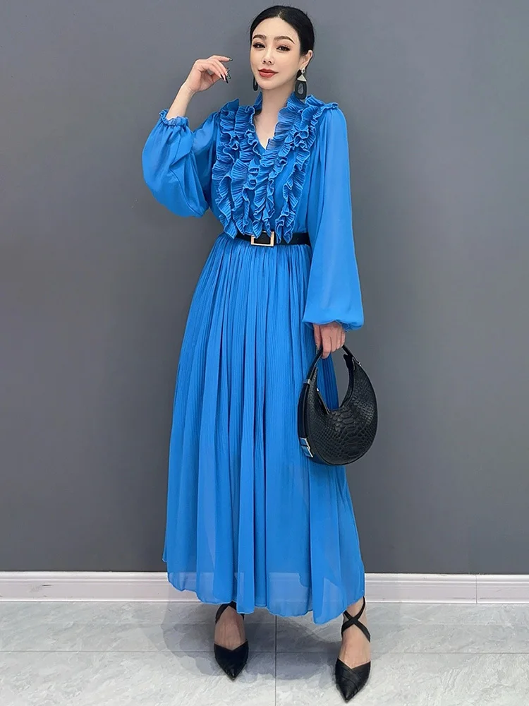 SHENGPALAE 2024 Summer New Dress For Women Long Sleeve Solid Color Wave Neck Long Dress Loose Elegant Fashion Dresses 5C1302