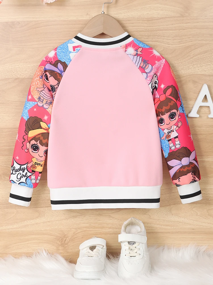 Girls Letter“A” Pattern Cartoon Doll Print Baseball Uniform Jacket, Kids\'s Spring and Autumn Casual Jacket