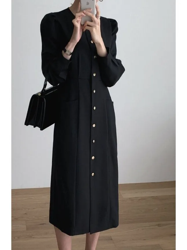 Elegant Chic Mid-Length Single-Button Bubble-Sleeve Slimming Dress Korean Style Women's Fashion Spring Autumn Winter Dress