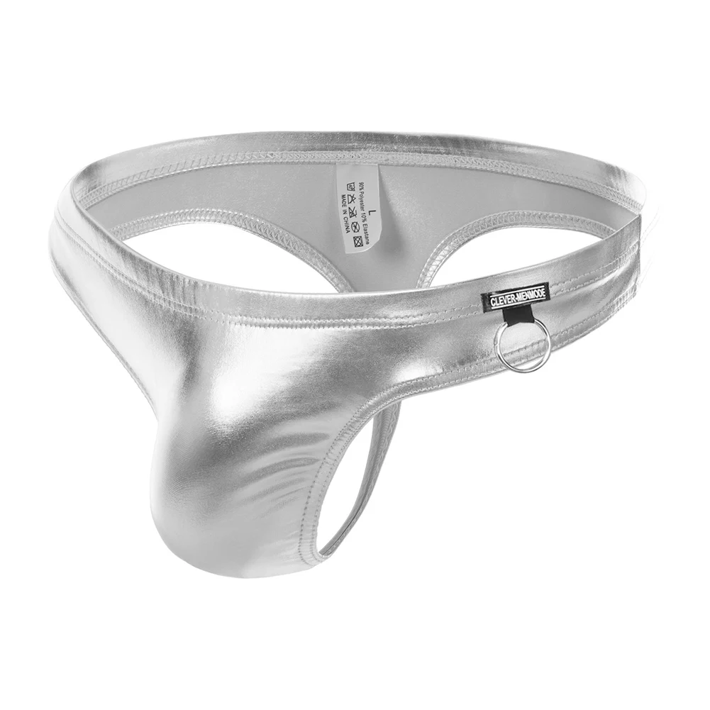 Men Underwear Faux Leather Thong T-back Low Rise Underpants Briefs Metal Ring Erotic U Convex Underwear For Nightclub Party