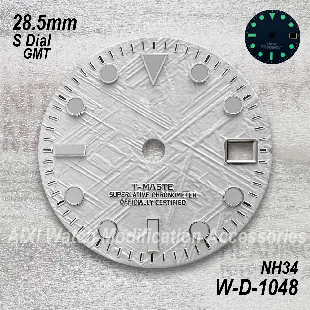 28.5mm S 로고 새로운 스타일 GMT 운석 다이얼 맞는 NH34 일본 운동 녹색 빛나는 시계 수정 액세서리