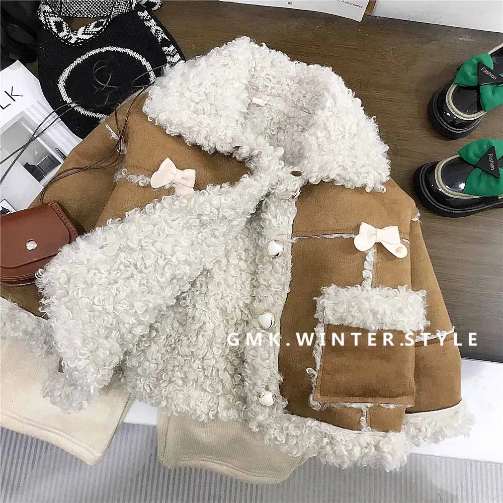 

Girls Coats Princess Fashion Lamb Wool Fur Jackets Fleece Warm Sweet Bowknot Kids Outerwear Winter Childrens Thicken Clothes
