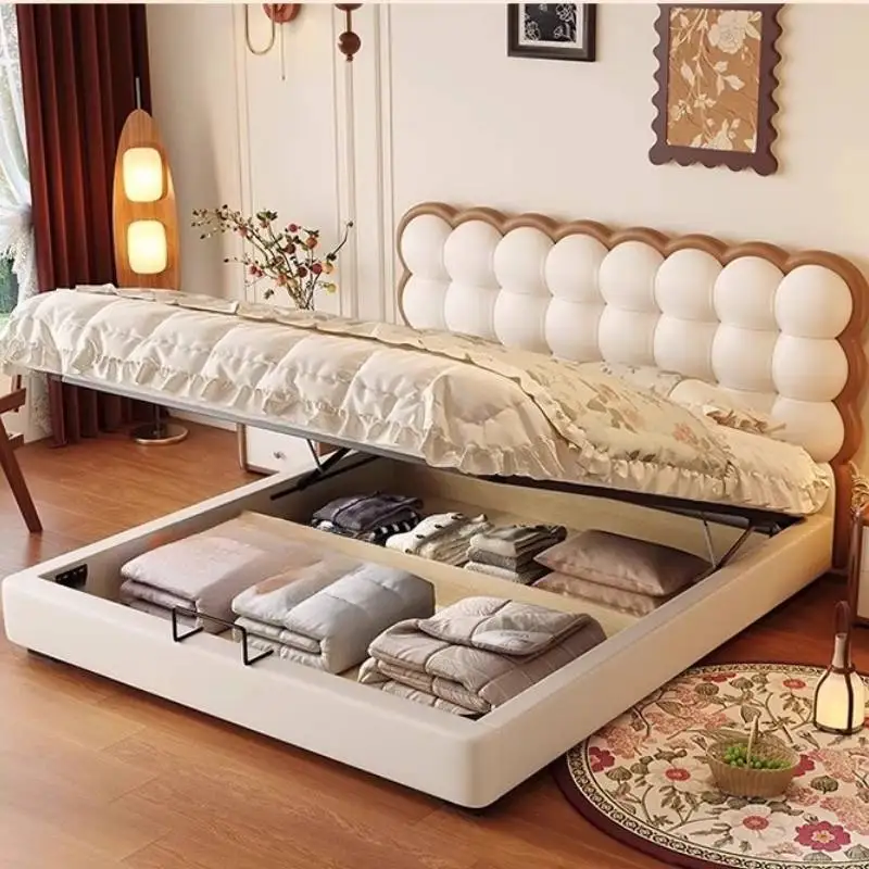

Luxury Beige Double Bed Decoration Cheap Soft Adults Wooden Double Bed Cloud Japanese Storage Letto Matrimoniale Furniture