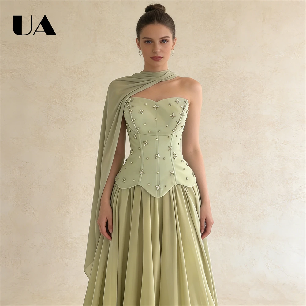 

Women's Sage Green Satin Strapless Ball Gown Embellished Corset Bodice Flowy A-Line Skirt Detachable Cape Chiffon Evening Dress