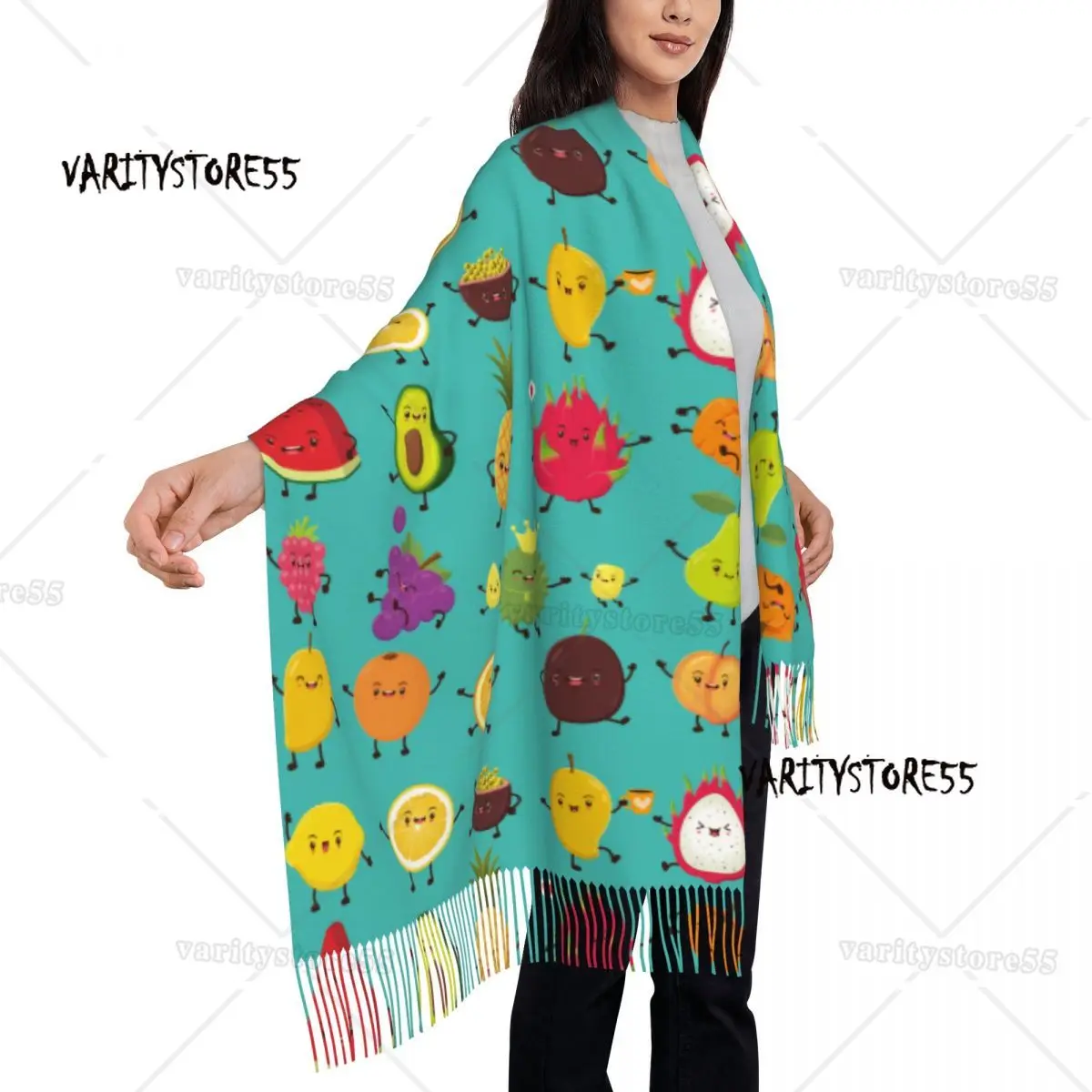 Pashmina Vintage con póster de frutas para mujer, chal con flecos, bufanda larga y grande