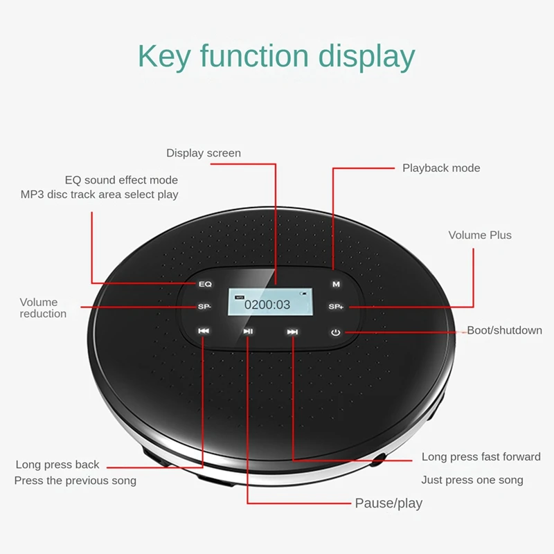 Portable CD Walkman Rechargeable Intelligent Touch Screen CD Player Digital Display Stereo Speaker For Student Easy To Use Black