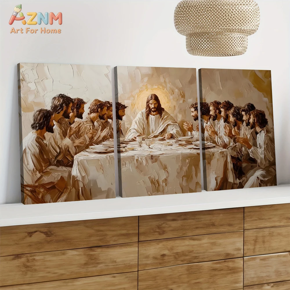 3PCS The Last Supper Abstract Oil Painting Style Canvas Wall Art Prints Set, Jesus and Disciples Religious Christian Artwork Pos