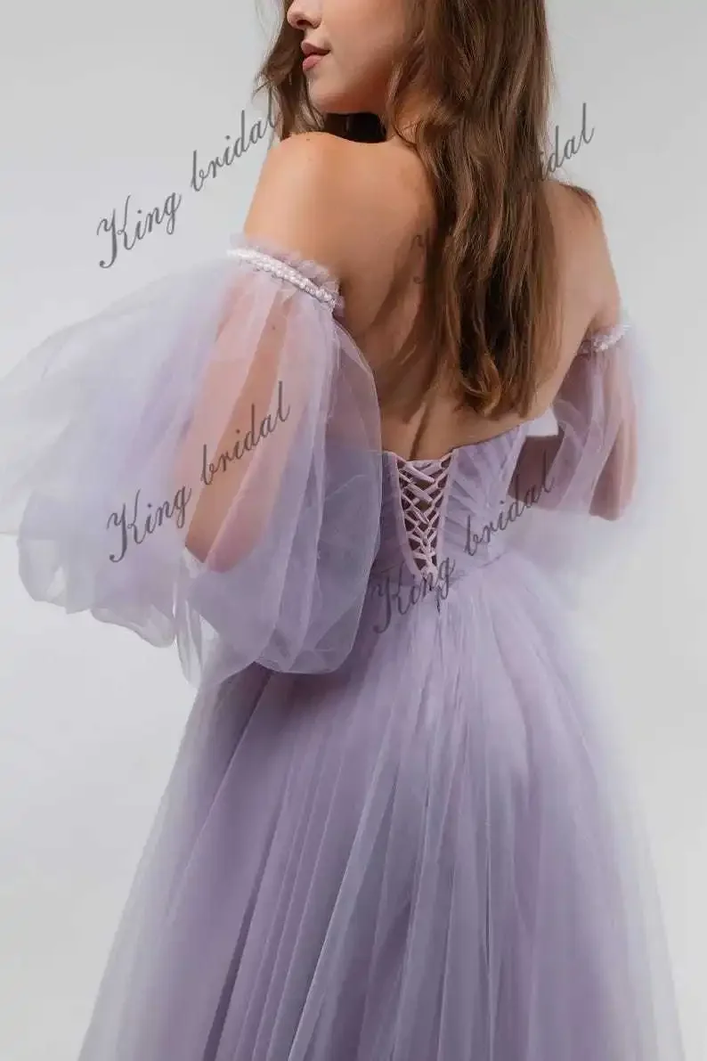 Вечерние платья Бальные платья Свадебное платье из лавандового тюля на заказ - мечтательное свадебное платье в стиле бохо в нестандартных цветах Платье для выпускного вечера