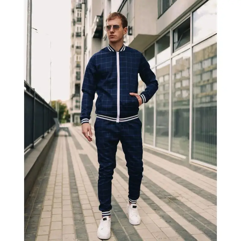 Fashion Men's Suit Casual Sportswear Spring and Autumn New Stand-up Collar Zipper Cardigan Plaid Coat Trousers Running Suit