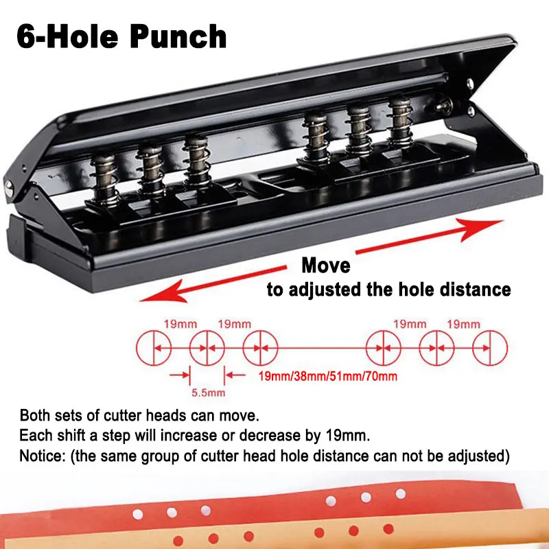 Adjustable metal 6 hole punch, loose leaf paper punch, for A3 A4 A5 B4 B5, 6 hole binding machine office binding stationery